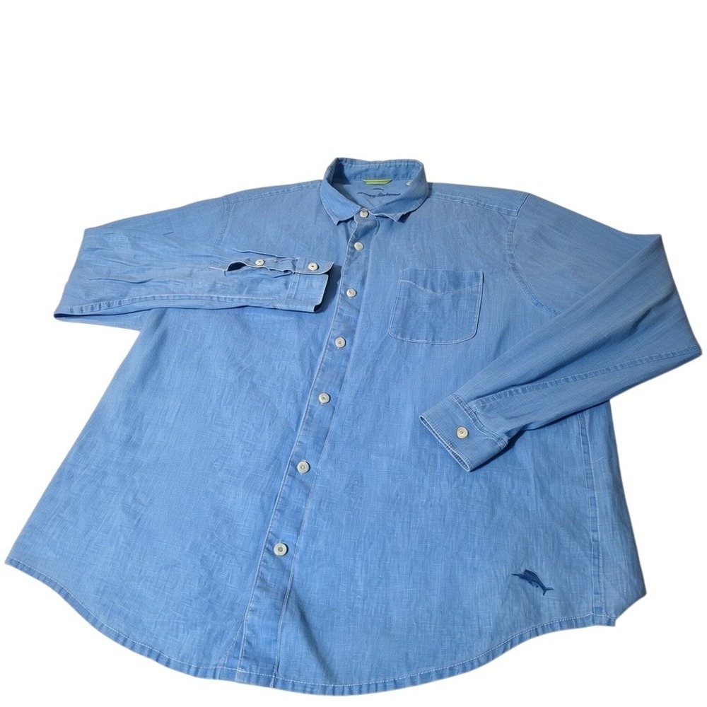 Tommy Bahama Button Down Mens 2XLT Blue 100% Linen Long Sleeve Marlin Logo Shirt